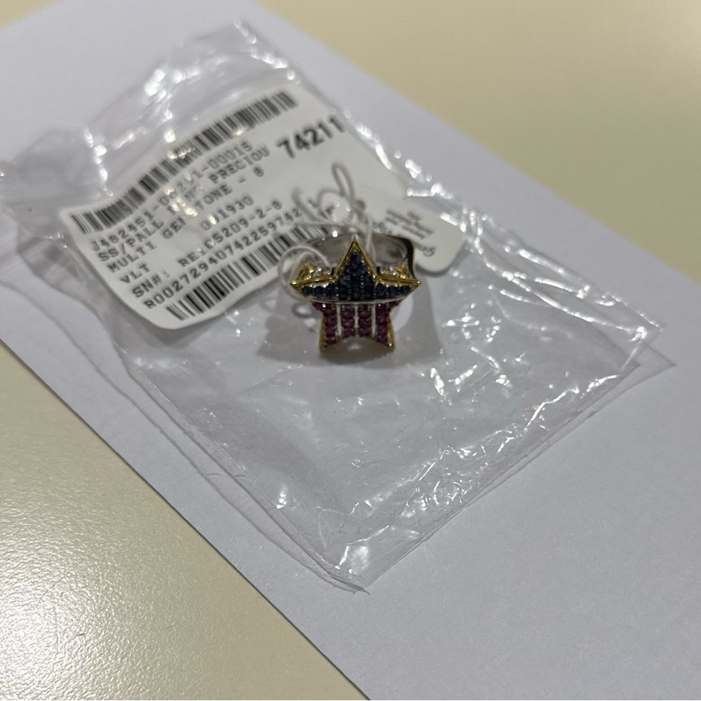 NWT Silver and 14K Gold Star Ring with Sapphire and Ruby American Flag